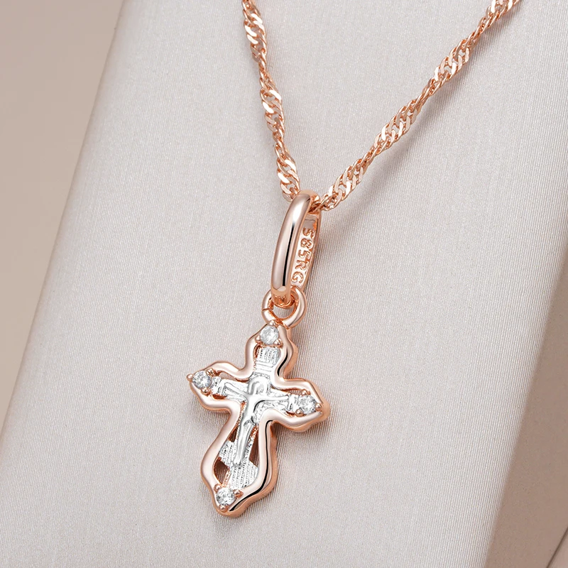 Kinel-collar con colgante pequeño de cruz de iglesia ortodoxa de lujo para mujer, Color oro rosa 585, circonita Natural, abalorio de Jesús, joyería diaria 1 Kinel-collar con colgante pequeño de cruz de iglesia ortodoxa de lujo para mujer, Color oro rosa 585, circonita Natural, abalorio de Jesús, joyería diaria 1
