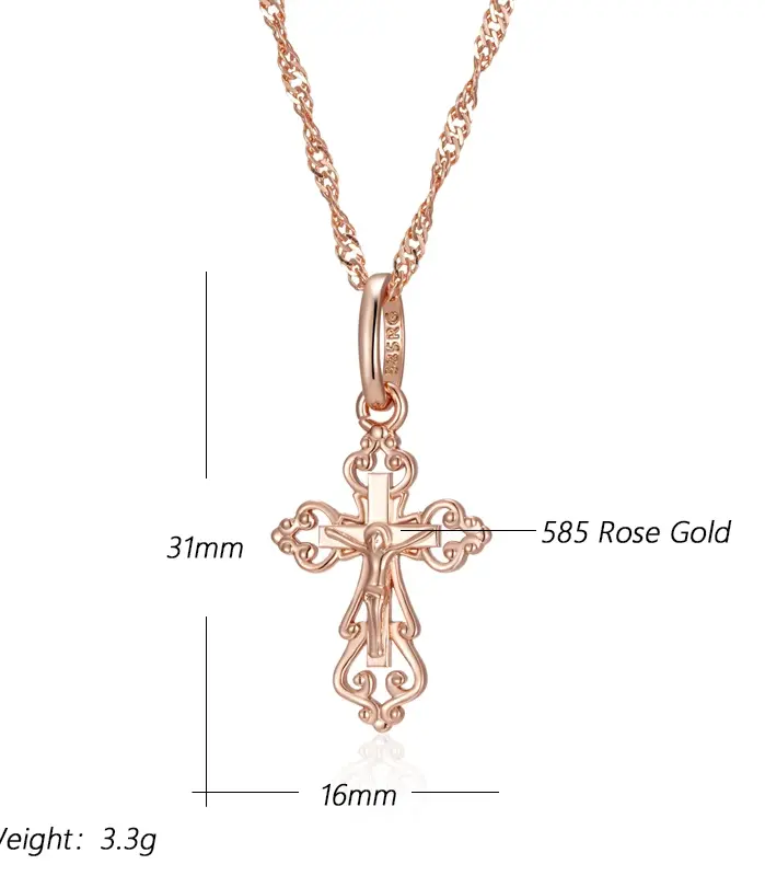Kinel-collar de lujo con colgante de Cruz para hombres y mujeres, Color oro rosa, Iglesia Ortodoxa, Jesús, brillante, encanto, joyería fina diaria, 585 2