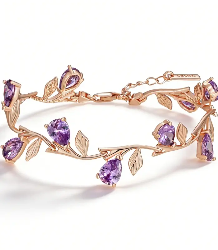 Kinel-pulsera de pétalos de Color oro rosa 585 de lujo para mujer, accesorios de circonita Natural morada brillante, joyería étnica para boda 1