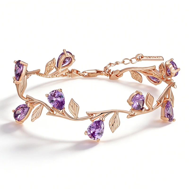 Kinel-pulsera de pétalos de Color oro rosa 585 de lujo para mujer, accesorios de circonita Natural morada brillante, joyería étnica para boda 1 Kinel-pulsera de pétalos de Color oro rosa 585 de lujo para mujer, accesorios de circonita Natural morada brillante, joyería étnica para boda 1