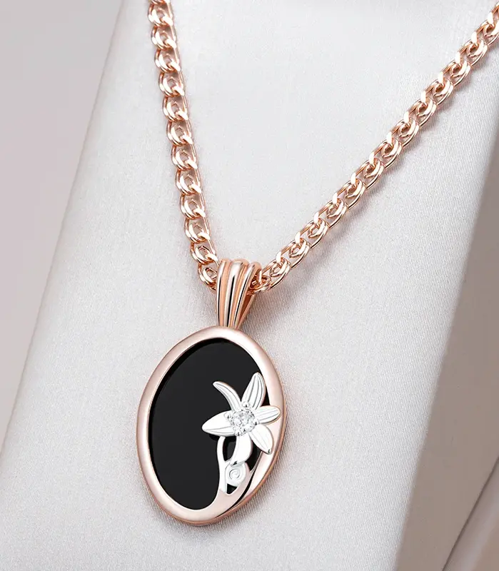 Kinel-collar con colgante de flor de piedra negra para mujer, moda 585, mezcla de colores de oro rosa y plata, joyería fina diaria de alta calidad 1
