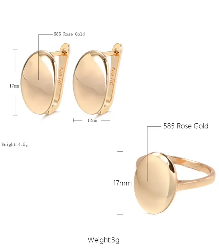 Kinel-Conjunto de pendientes colgantes brillantes para mujer, anillos ovalados simples de oro rosa 585, conjunto de joyería fina diaria de alta calidad 2