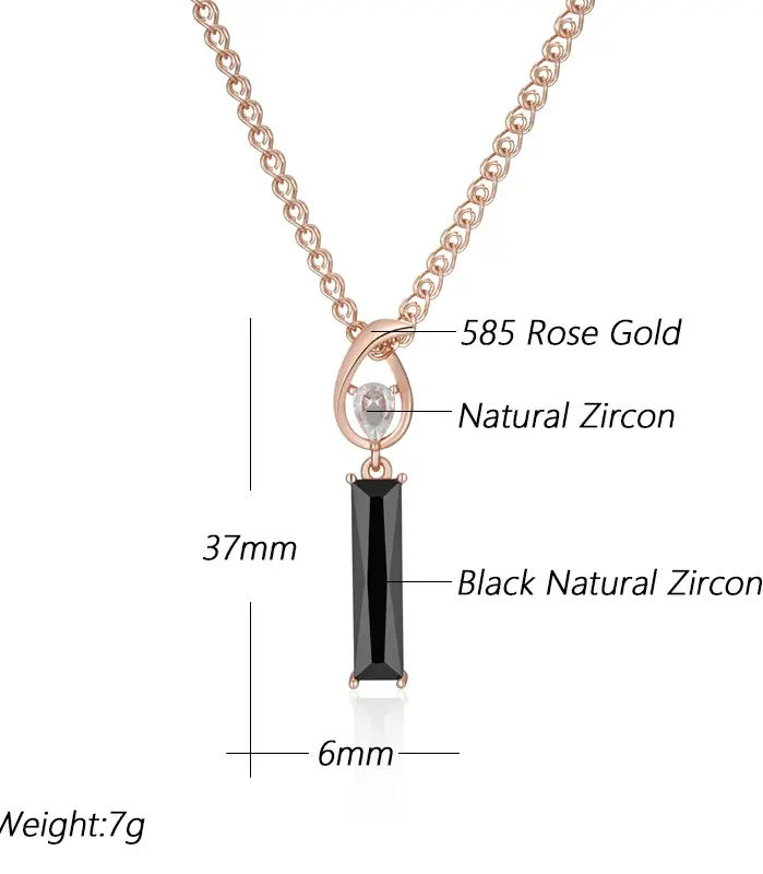 Kinel, collar con colgante de circón Natural negro cuadrado largo para mujer, Color oro rosa 585, joyería fina diaria de alta calidad 2
