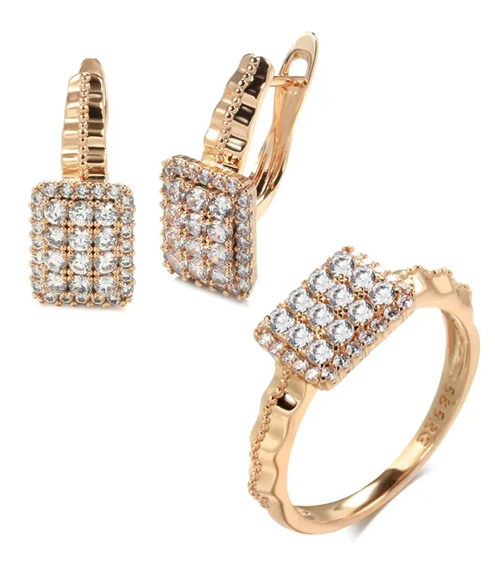 Kinel-Conjunto de anillos y pendientes de oro rosa para mujer, aretes clásicos de circonita Natural, conjunto de joyería nupcial para boda, 585 1