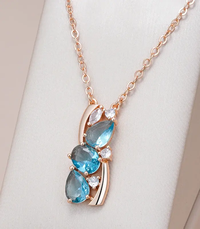 Kinel-collar con colgante de Color oro rosa 585, para mujer, corte delicado, deslumbrante colgante de circón Natural azul, joyería fina diaria 1