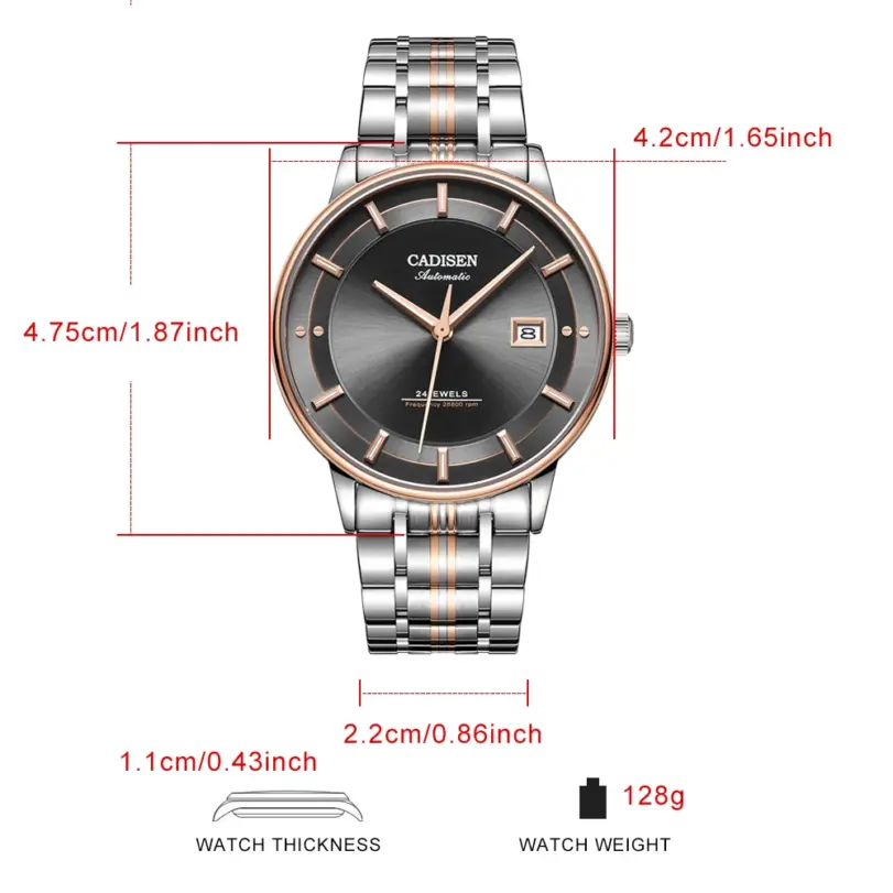 Relojes de Pulsera Mecánicos CADISEN con Movimiento MIYOTA 9015, Reloj Automático Ultrafino, Zafiro, Resistente al Agua, Oro Rosa, Relojes de Negocios 6
