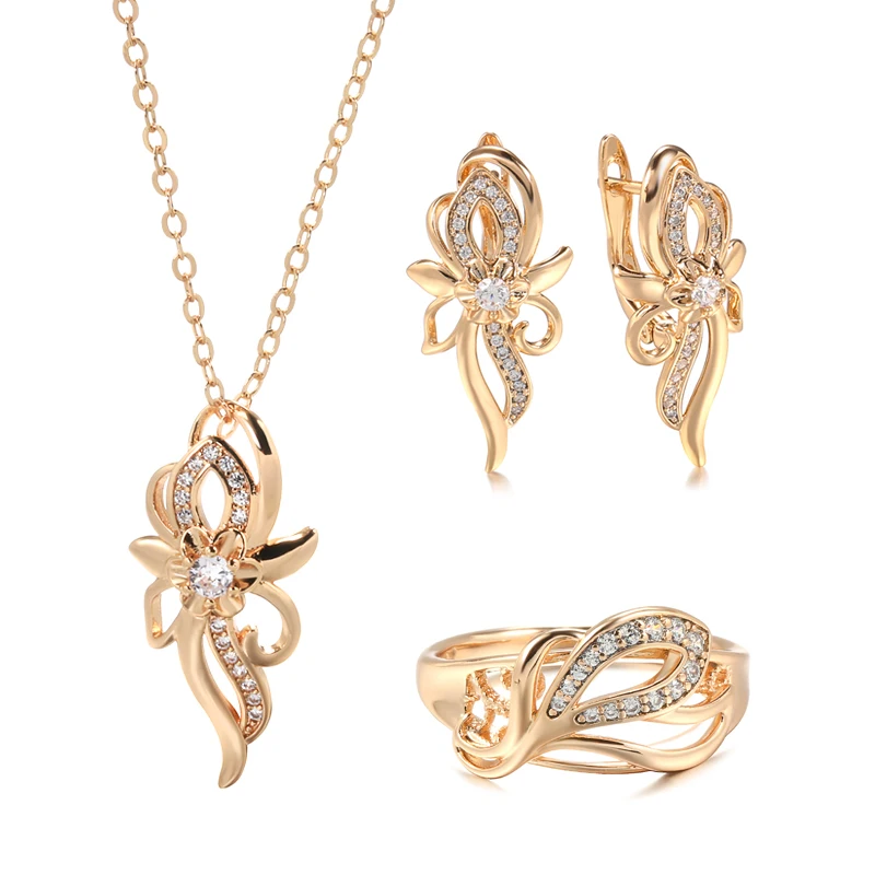 Kinel-Conjunto de joyería de boda para mujer, 3 uds., oro rosa 585, flor de circón Natural, pendiente, collar, anillo, regalo 1 Kinel-Conjunto de joyería de boda para mujer, 3 uds., oro rosa 585, flor de circón Natural, pendiente, collar, anillo, regalo 1