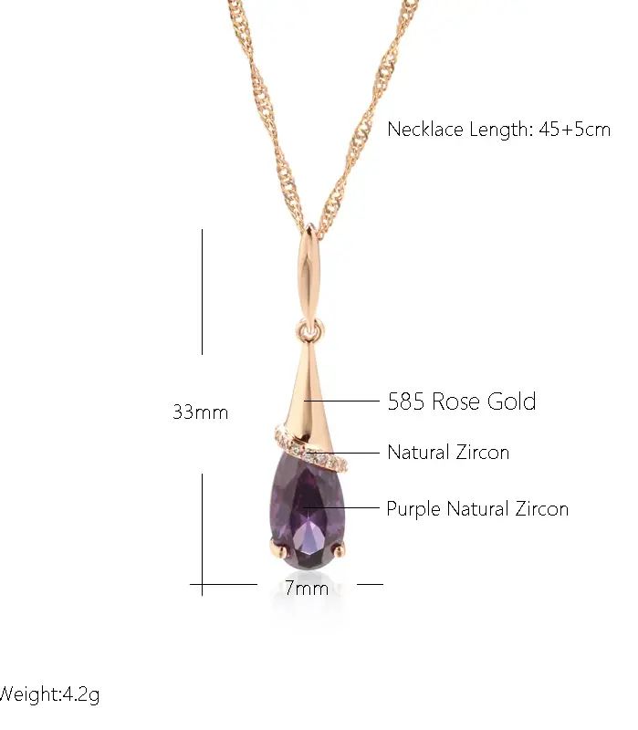 Kinel-collar con colgante largo para mujer, Color oro rosa 585, gota de agua, circonita Natural púrpura, joyería fina para uso diario, regalo 2