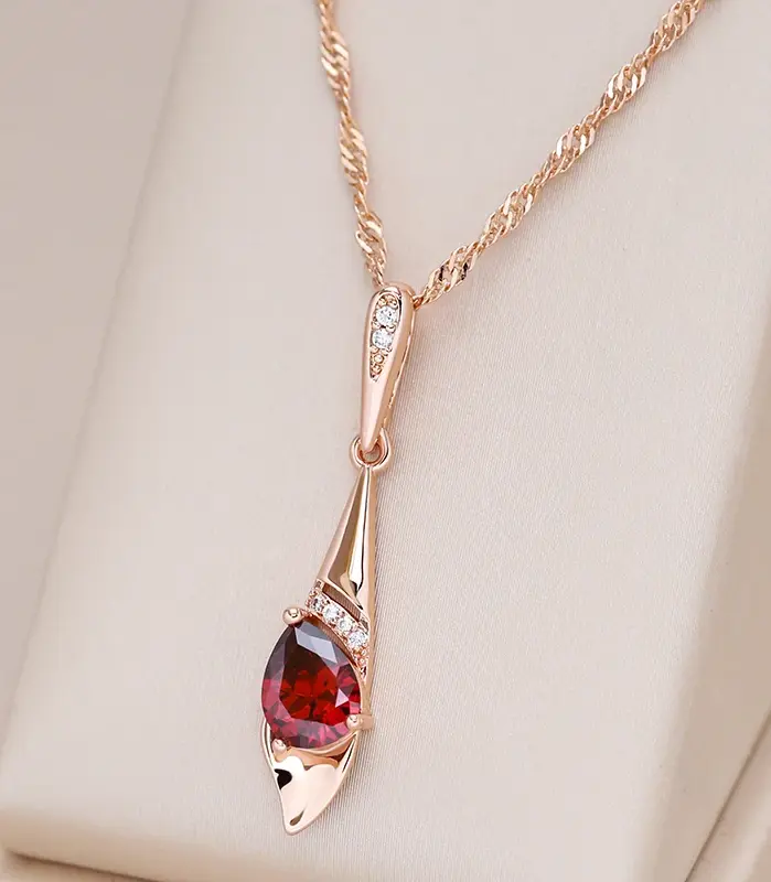 Kinel nuevo 585 collar con colgante largo de Color oro rosa para mujer circón Natural rojo novia joyería de boda Vintage regalo de uso diario 1