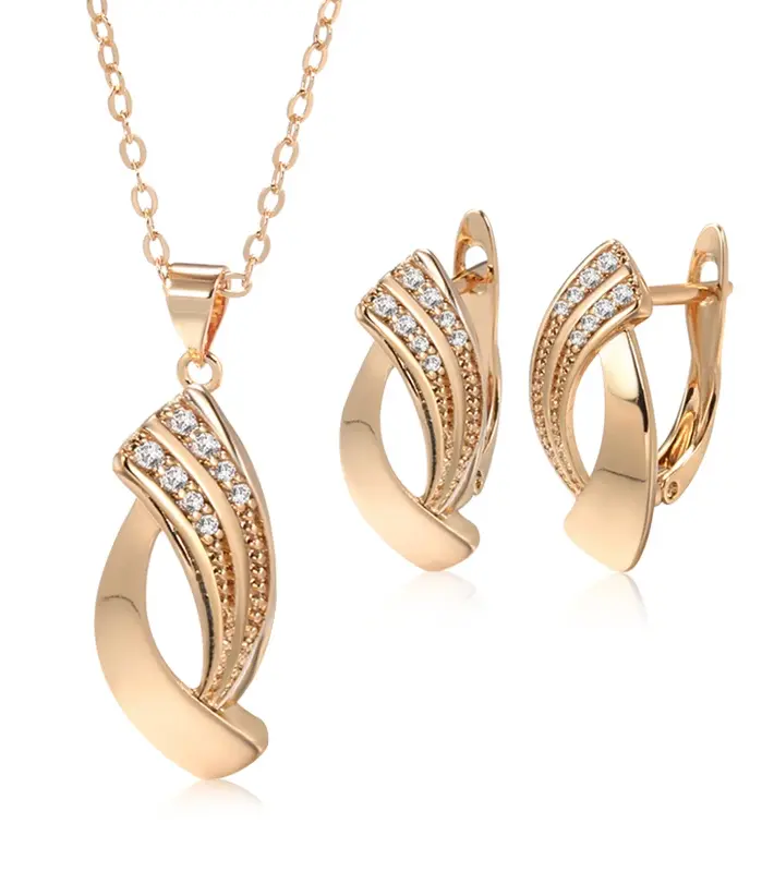 Kinel, tendencia novedosa, pendientes colgantes brillantes, conjuntos de collar, oro rosa 585, geometría Simple, circonita Natural, conjuntos de joyería fina diaria para mujer 1