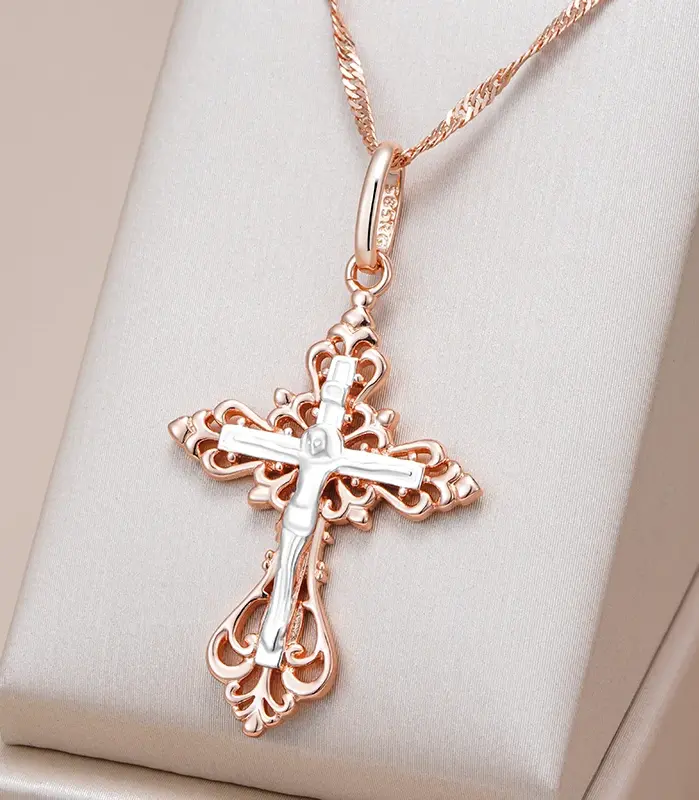 Kinel-collar con colgante de Cruz de la Iglesia Ortodoxa para hombre y mujer, joyería étnica fina diaria, Color oro rosa y plata 585 1