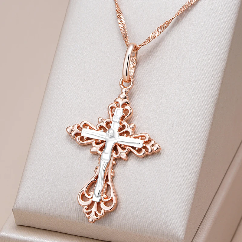 Kinel-collar con colgante de Cruz de la Iglesia Ortodoxa para hombre y mujer, joyería étnica fina diaria, Color oro rosa y plata 585 1 Kinel-collar con colgante de Cruz de la Iglesia Ortodoxa para hombre y mujer, joyería étnica fina diaria, Color oro rosa y plata 585 1