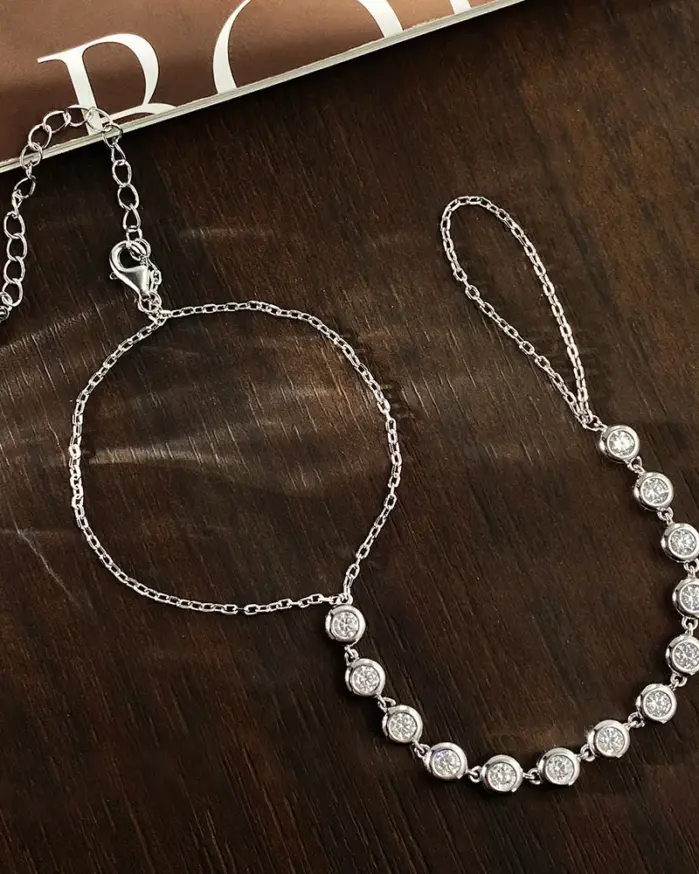 KNOBSPIN Pulseras de moissanita de 3 mm para mujeres y niñas, cadena ajustable de 15-20 cm, pulsera de burbujas delicada chapada en plata esterlina 925 de 18 quilates 2