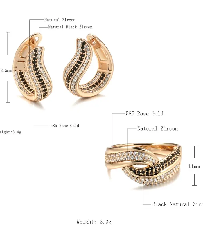 Kinel-pendientes de circonita negra Natural de lujo para mujer, anillo étnico de oro rosa 585, pendientes de novia, anillo, conjuntos de joyería de boda Vintage 2