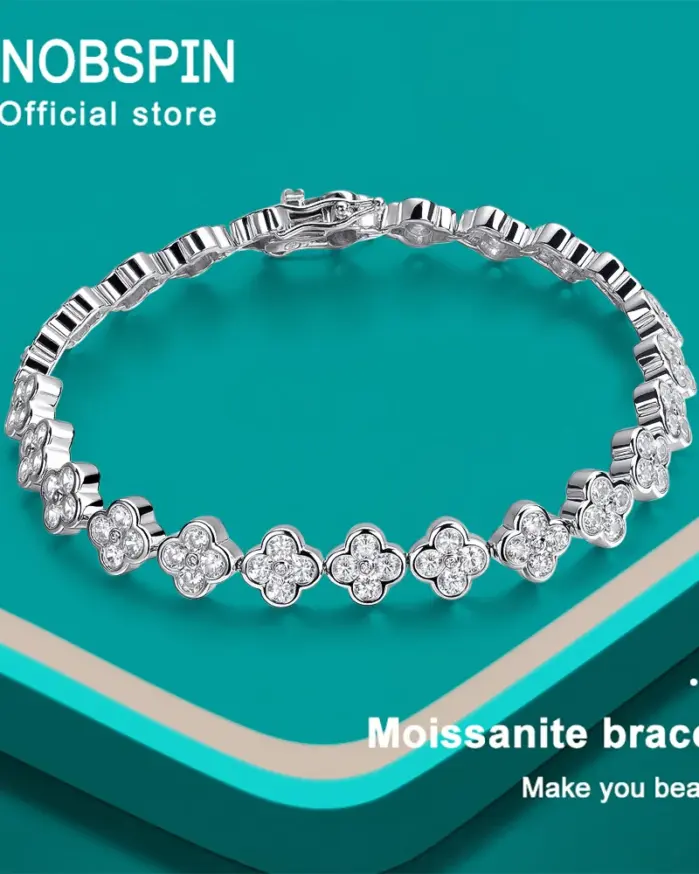 KNOBSPIN D VVS1 pulsera de tenis de moissanita, pulseras de trébol de cuatro hojas de plata de ley s925 con certificado GRA de diamante de 2mm para mujer 1
