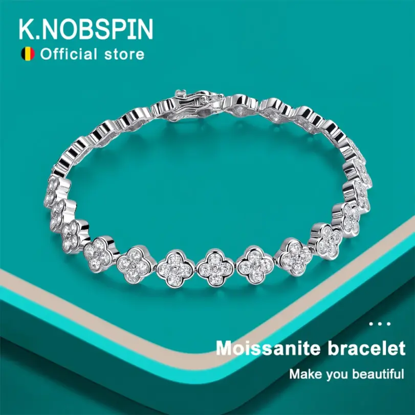 KNOBSPIN D VVS1 pulsera de tenis de moissanita, pulseras de trébol de cuatro hojas de plata de ley s925 con certificado GRA de diamante de 2mm para mujer 1 KNOBSPIN D VVS1 pulsera de tenis de moissanita, pulseras de trébol de cuatro hojas de plata de ley s925 con certificado GRA de diamante de 2mm para mujer 1