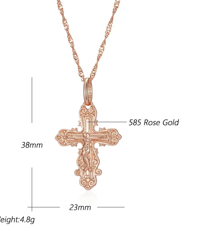Kinel-collar con colgante de cruz de Color oro rosa 585, lujo, para mujeres y hombres, Iglesia Ortodoxa, Jesús, abalorio brillante, joyería fina diaria 2