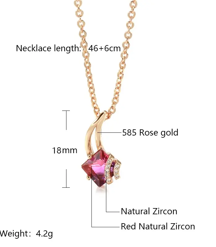 Kinel-collar con colgante de circón Natural rojo cuadrado para mujer, colgante de Color oro rosa 585, joyería de boda, regalo de cristal 2