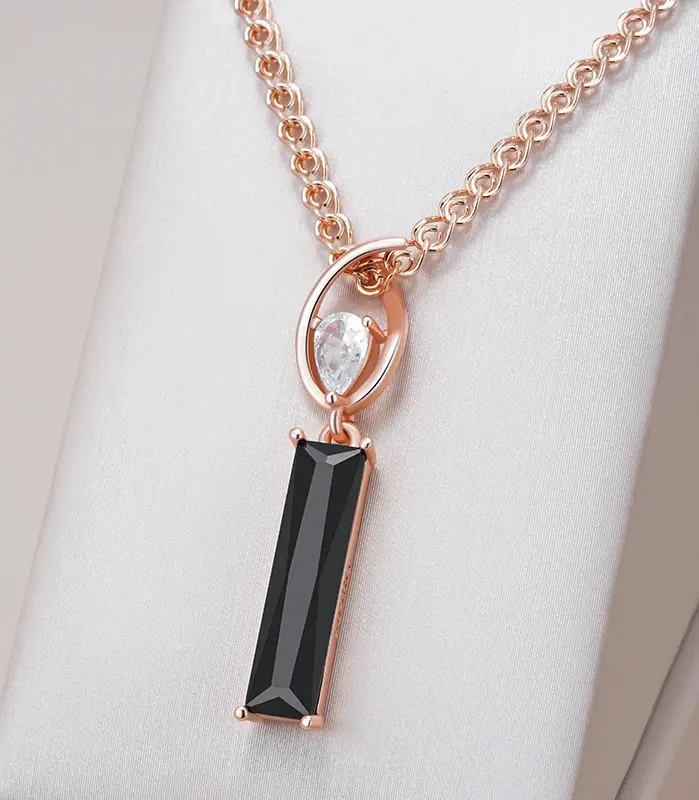 Kinel, collar con colgante de circón Natural negro cuadrado largo para mujer, Color oro rosa 585, joyería fina diaria de alta calidad 1