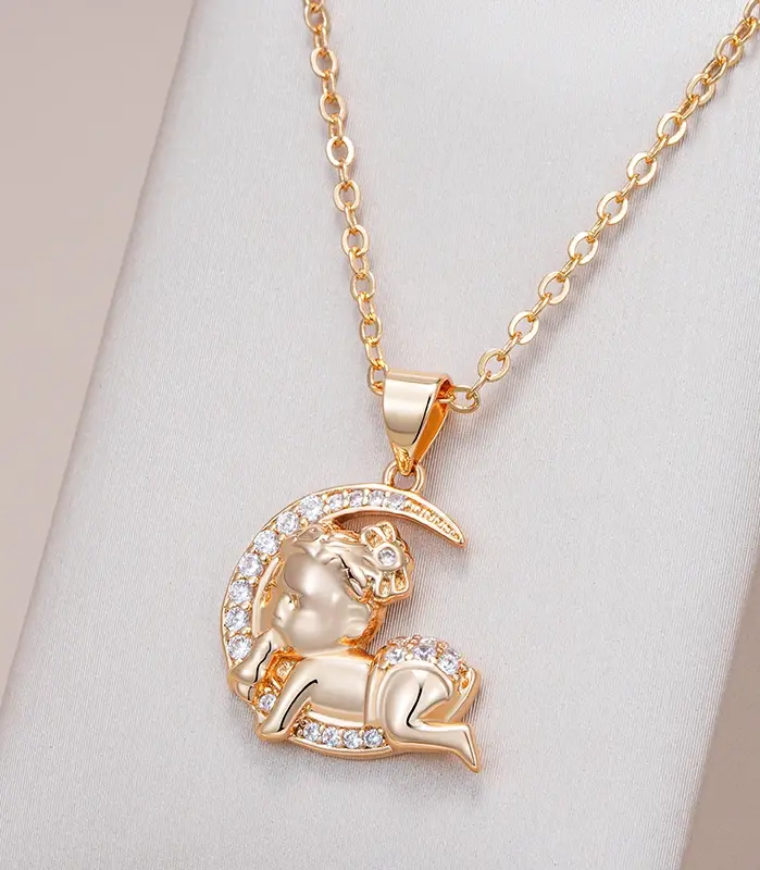 Kinel-collar con colgante de Luna para mujer, Color oro rosa 585, colgante de circón Natural, joyería para niño, regalo de cristal 1