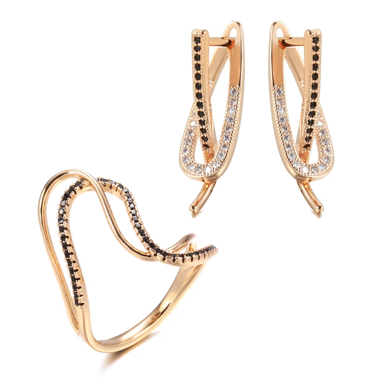 Kinel-Juego de anillos y pendientes de oro rosa 585 para mujer, conjunto de joyería de boda, Micro pavé, circonita Natural negra, anillo de dedo retorcido, novia 1 Kinel-Juego de anillos y pendientes de oro rosa 585 para mujer, conjunto de joyería de boda, Micro pavé, circonita Natural negra, anillo de dedo retorcido, novia 1