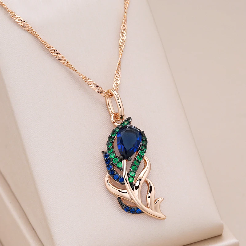Kinel-collar con colgante de circón Natural azul para mujer, oro rosa 585, chapado en negro, hoja de cristal Vintage, joyería fina diaria 1 Kinel-collar con colgante de circón Natural azul para mujer, oro rosa 585, chapado en negro, hoja de cristal Vintage, joyería fina diaria 1