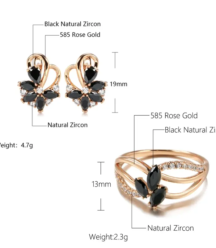 Kinel-Conjunto de anillos y pendientes de oro rosa 585, pendientes colgantes de circón Natural negro a la moda, conjunto de joyería para fiesta y boda 2