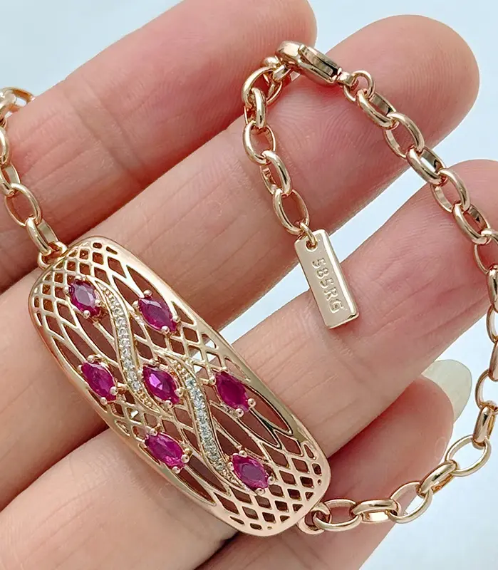 Kinel-pulsera de lujo de Color oro rosa 585, accesorios de circonita Natural roja brillante a la moda, joyería de boda étnica Vintage 1