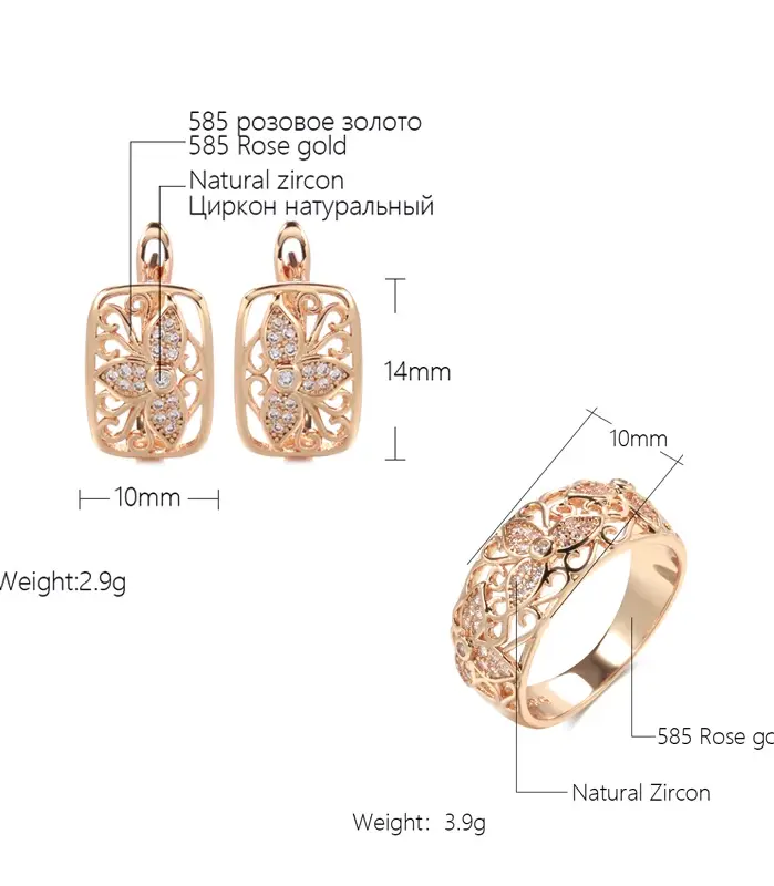 Kinel-Conjuntos de anillos y pendientes de oro rosa para mujer, anillo de flor de circón Natural, conjuntos de joyas de boda Vintage, regalo de fiesta, 585 2
