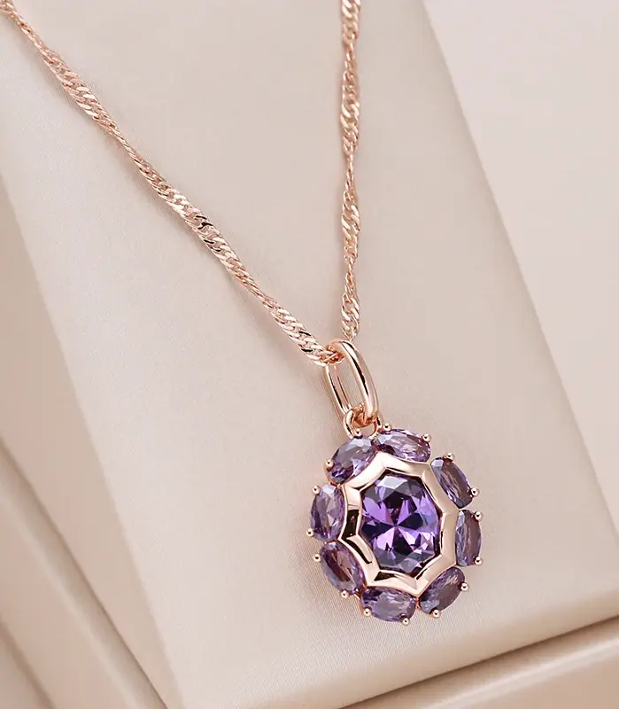 Kinel inusual brillante ovalado púrpura colgante de circón Natural collar para mujer de lujo 585 Color oro rosa joyería diaria de fiesta 1