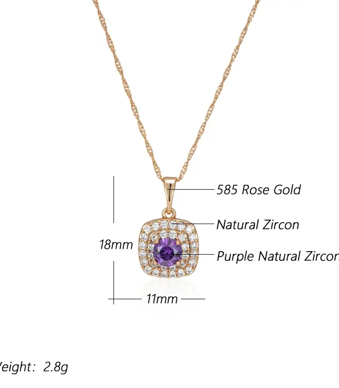 Kinel-collar con colgante cuadrado de circonita Natural púrpura brillante para mujer, colgante de cristal de Color oro rosa 585, joyería Vintage 2