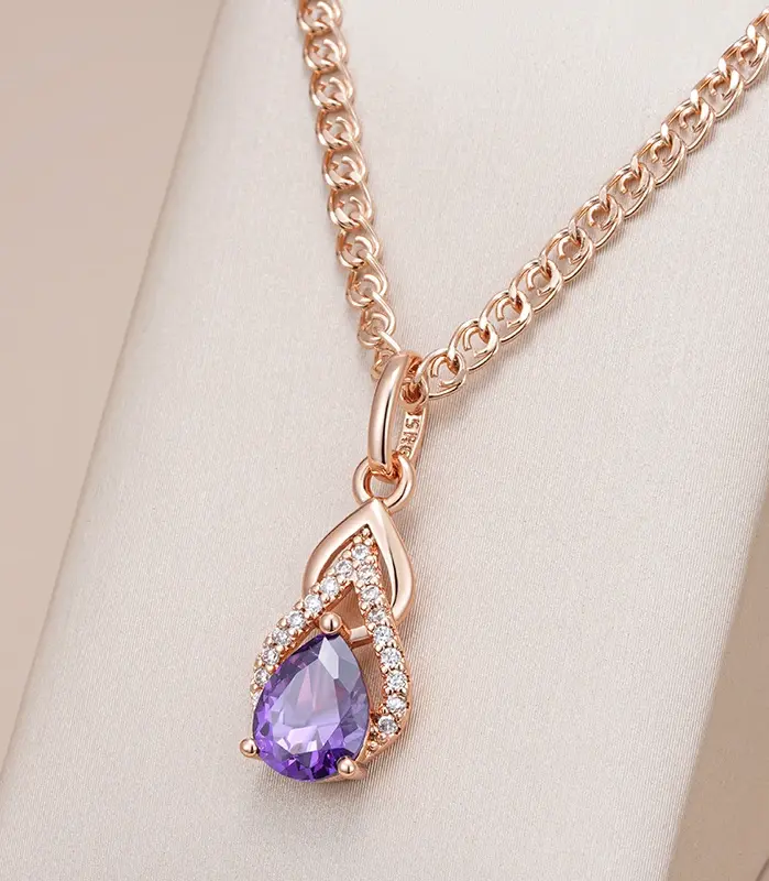 Kinel-collar con colgante de circonita Natural para mujer, gota de agua púrpura brillante, Color oro rosa 585, joyería fina Vintage para fiesta diaria 1