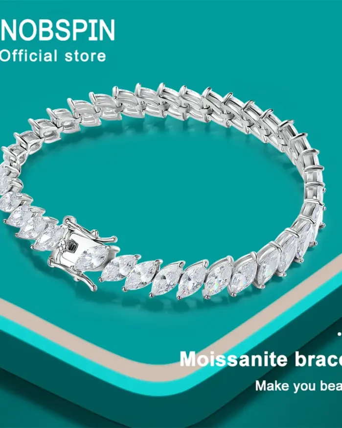KNOBSPIN-pulseras de tenis de moissanita certificadas con corte Marquesa de 0,5 quilates para mujer, joyería fina chapada en plata de ley S925 de oro de 18k 1