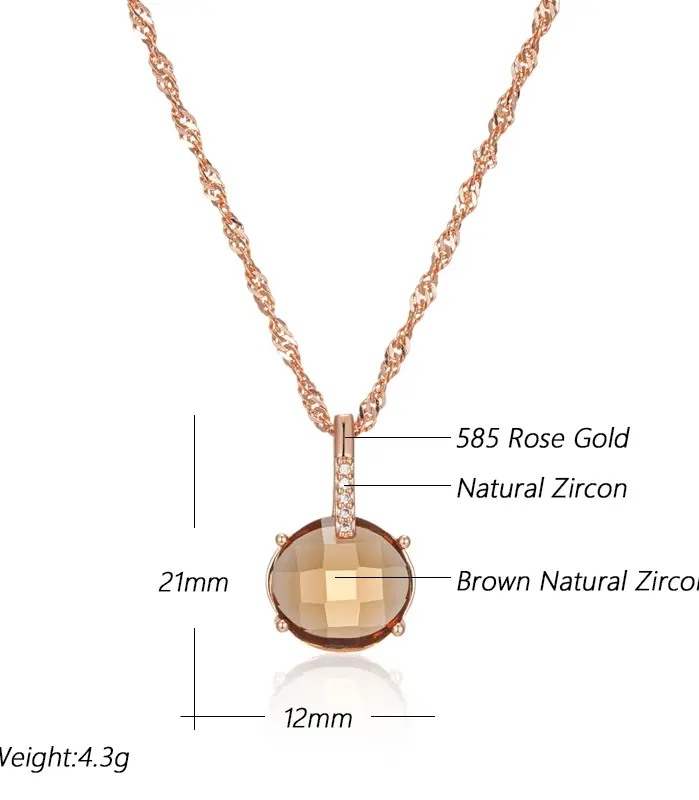 Kinel-collar con colgante de circón Natural para mujer, redondo, marrón claro, Simple, Color oro rosa 585, joyería diaria de alta calidad 2