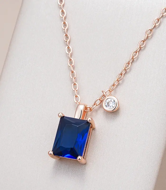 Kinel-collar con colgante de piedra azul cuadrado para mujer, colgante de circón Natural de Color oro rosa 585, joyería fina diaria 1