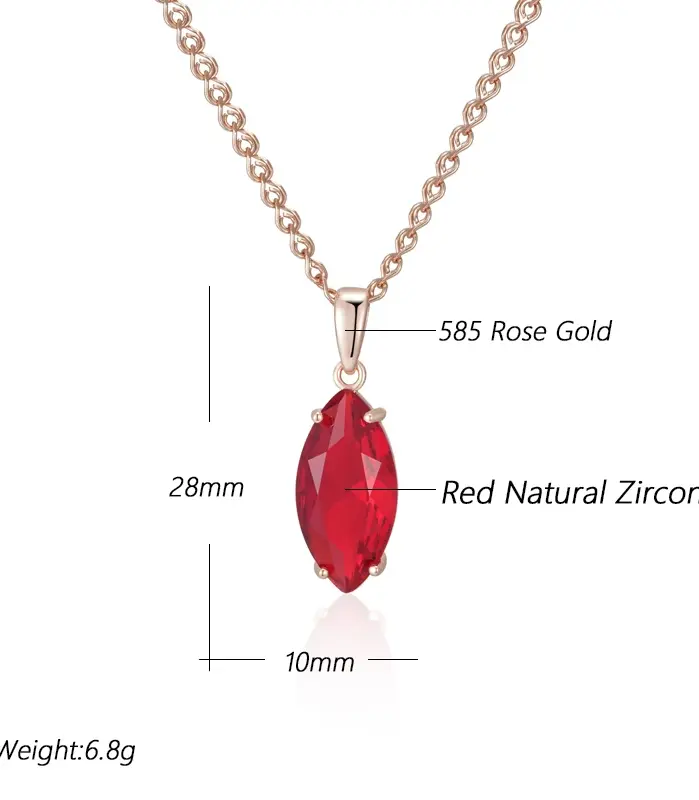 Kinel-collar con colgante de circonita Natural para mujer, rombo brillante, rojo, Color oro rosa 585, joyería fina diaria de alta calidad 2