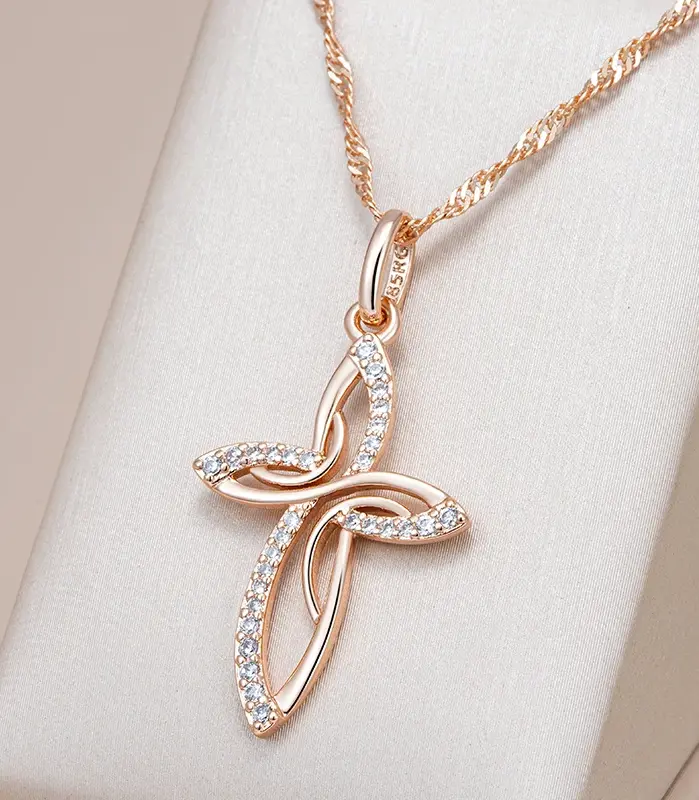 Kinel-collar con colgante de cruz de Color oro rosa 585, lujo, para mujeres y hombres, Iglesia Ortodoxa, Jesús, abalorio brillante, joyería fina diaria 1