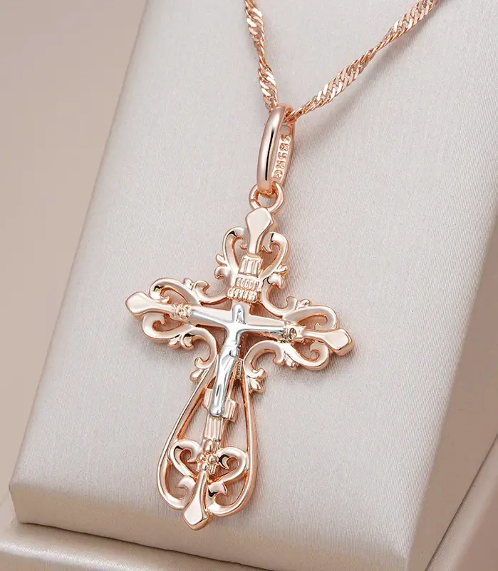 Kinel-collar con colgante de Cruz de la Iglesia Ortodoxa para hombre y mujer, joyería étnica fina diaria, Color oro rosa y plata 585 1