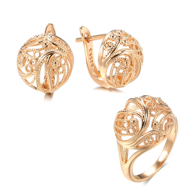 Kinel-Conjunto de pendientes y anillos para mujer, aretes con patrón hueco de oro rosa, moda étnica, conjunto de joyería para boda, 585 1 Kinel-Conjunto de pendientes y anillos para mujer, aretes con patrón hueco de oro rosa, moda étnica, conjunto de joyería para boda, 585 1
