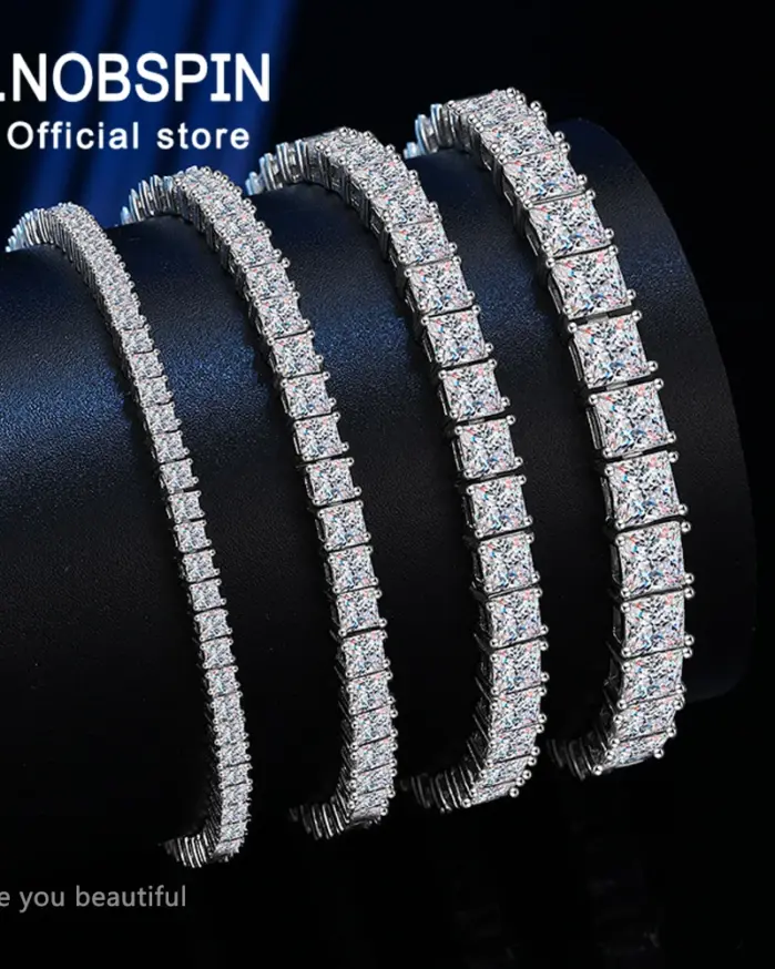 Pulseras de Moissanita con Corte Princesa KNOBSPIN para Mujer, Plata de Ley s925 Chapada en Oro Blanco de 18k, Certificadas por GRA, Pulsera de Boda 1