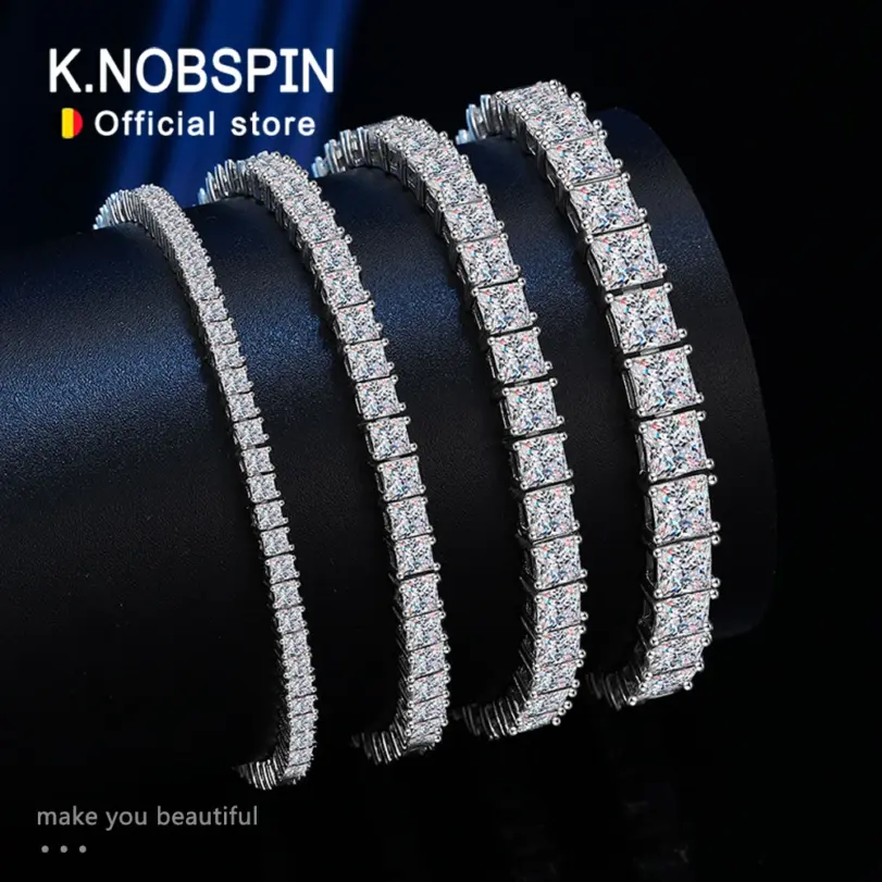Pulseras de Moissanita con Corte Princesa KNOBSPIN para Mujer, Plata de Ley s925 Chapada en Oro Blanco de 18k, Certificadas por GRA, Pulsera de Boda 1 Pulseras de Moissanita con Corte Princesa KNOBSPIN para Mujer, Plata de Ley s925 Chapada en Oro Blanco de 18k, Certificadas por GRA, Pulsera de Boda 1