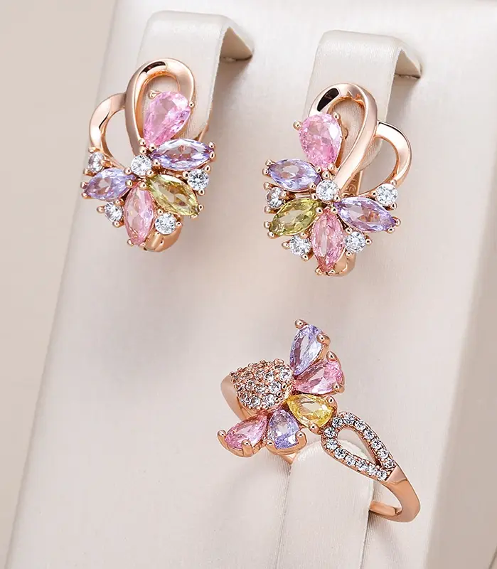 Kinel Hot 585 anillos de pendientes de flores de Color oro rosa para mujer accesorios de circón Natural coloridos de moda conjuntos de joyería diaria 1