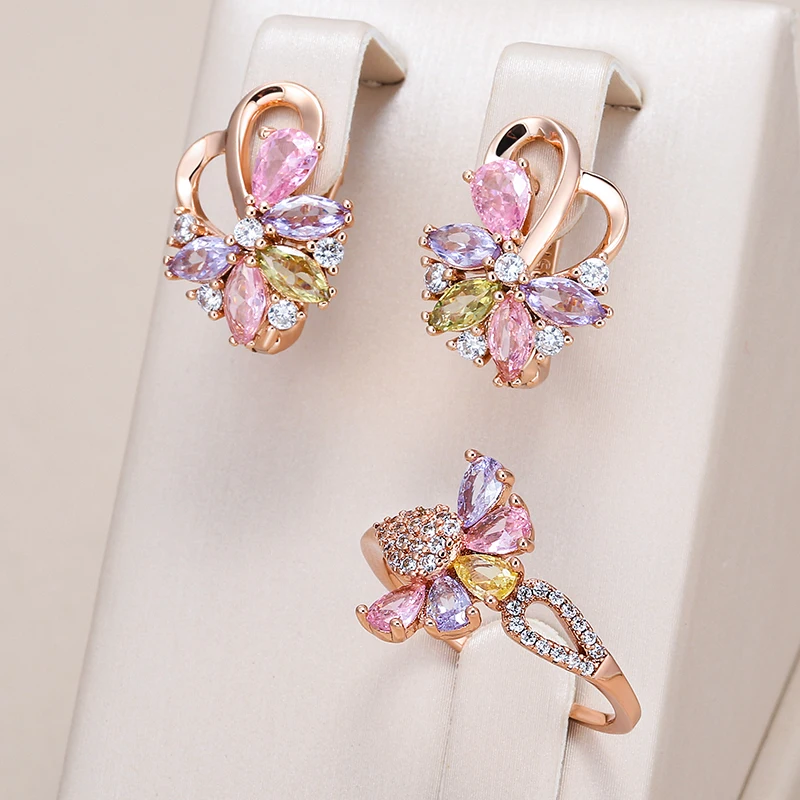 Kinel Hot 585 anillos de pendientes de flores de Color oro rosa para mujer accesorios de circón Natural coloridos de moda conjuntos de joyería diaria 1 Kinel Hot 585 anillos de pendientes de flores de Color oro rosa para mujer accesorios de circón Natural coloridos de moda conjuntos de joyería diaria 1
