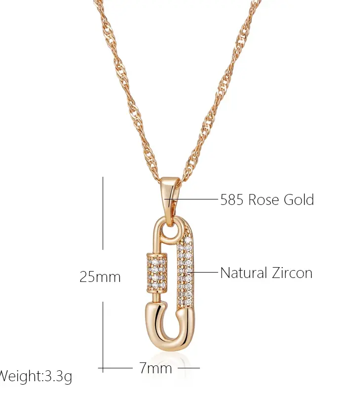 Kienl-collar con colgante en forma de Pin con personalidad para mujer, Color oro rosa 585, colgante de circón Natural, joyería fina para uso diario 2