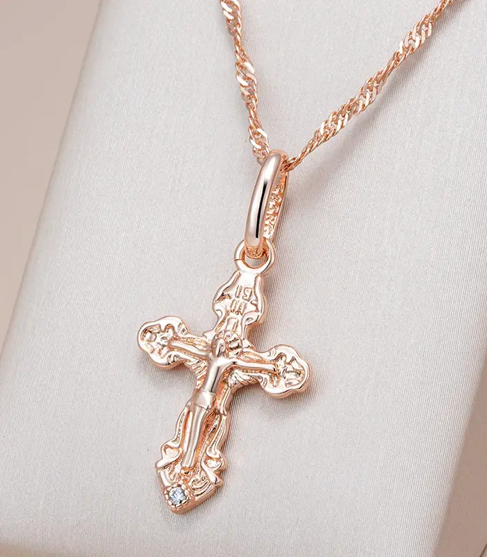 Kinel-collar de lujo con colgante de Cruz de circón Natural para mujer, Color oro rosa 585, encanto de Jesús de la Iglesia Ortodoxa, joyería fina diaria 1