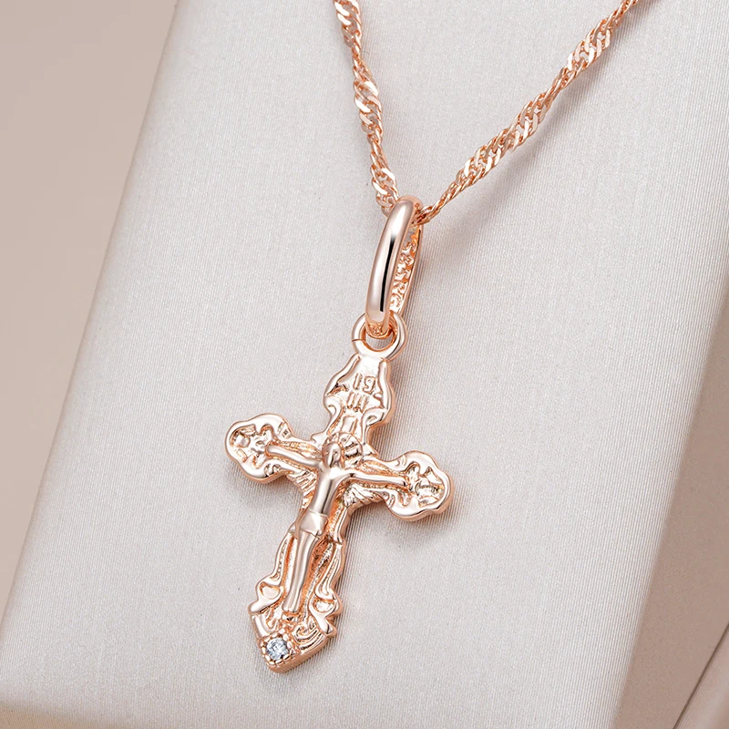 Kinel-collar de lujo con colgante de Cruz de circón Natural para mujer, Color oro rosa 585, encanto de Jesús de la Iglesia Ortodoxa, joyería fina diaria 1 Kinel-collar de lujo con colgante de Cruz de circón Natural para mujer, Color oro rosa 585, encanto de Jesús de la Iglesia Ortodoxa, joyería fina diaria 1