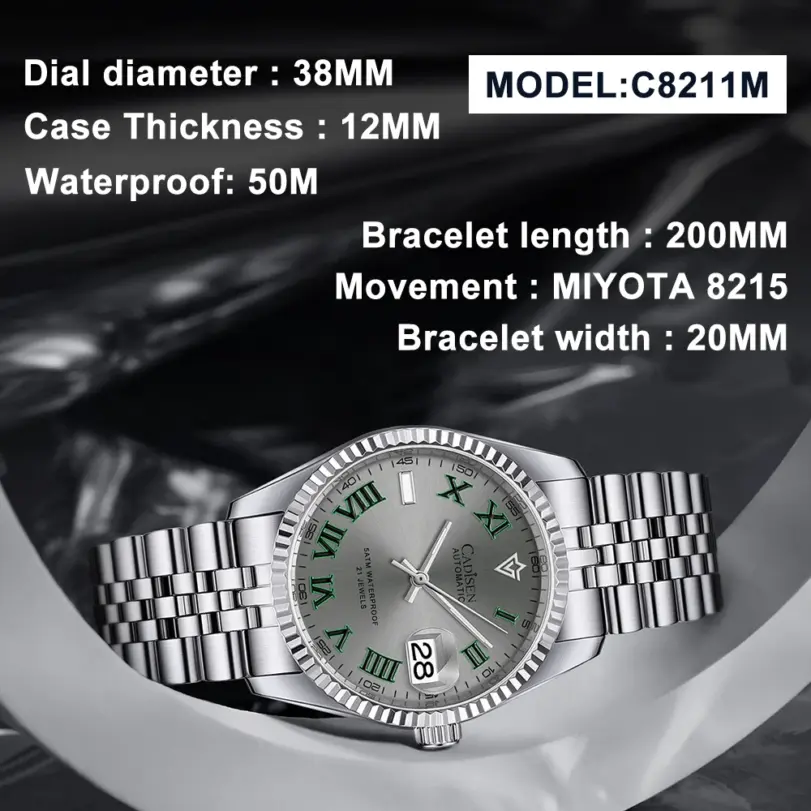 Reloj mecánico automático CADISEN de 38MM para Hombre, Reloj de lujo con cristal de zafiro AR, resistente al agua, acero inoxidable MIYOTA 8215 2