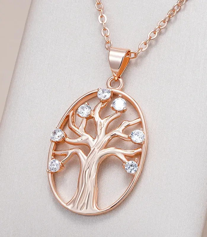 Kinel-collar con colgante de árbol de la suerte para mujer, Color oro rosa 585, colgante de circón Natural, joyería fina diaria Vintage 1
