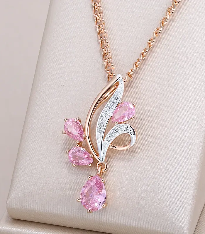 Kinel-collar con colgante de flor de circón Natural rosa brillante para mujer, joyería étnica diaria de mezcla de colores de oro rosa y plata 585 1