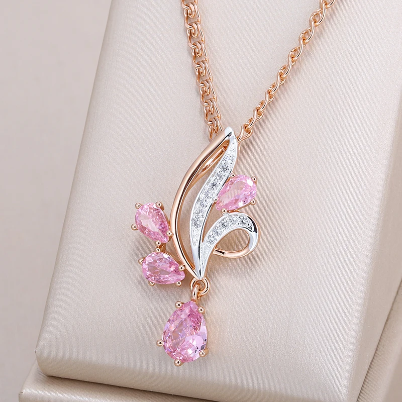 Kinel-collar con colgante de flor de circón Natural rosa brillante para mujer, joyería étnica diaria de mezcla de colores de oro rosa y plata 585 1 Kinel-collar con colgante de flor de circón Natural rosa brillante para mujer, joyería étnica diaria de mezcla de colores de oro rosa y plata 585 1